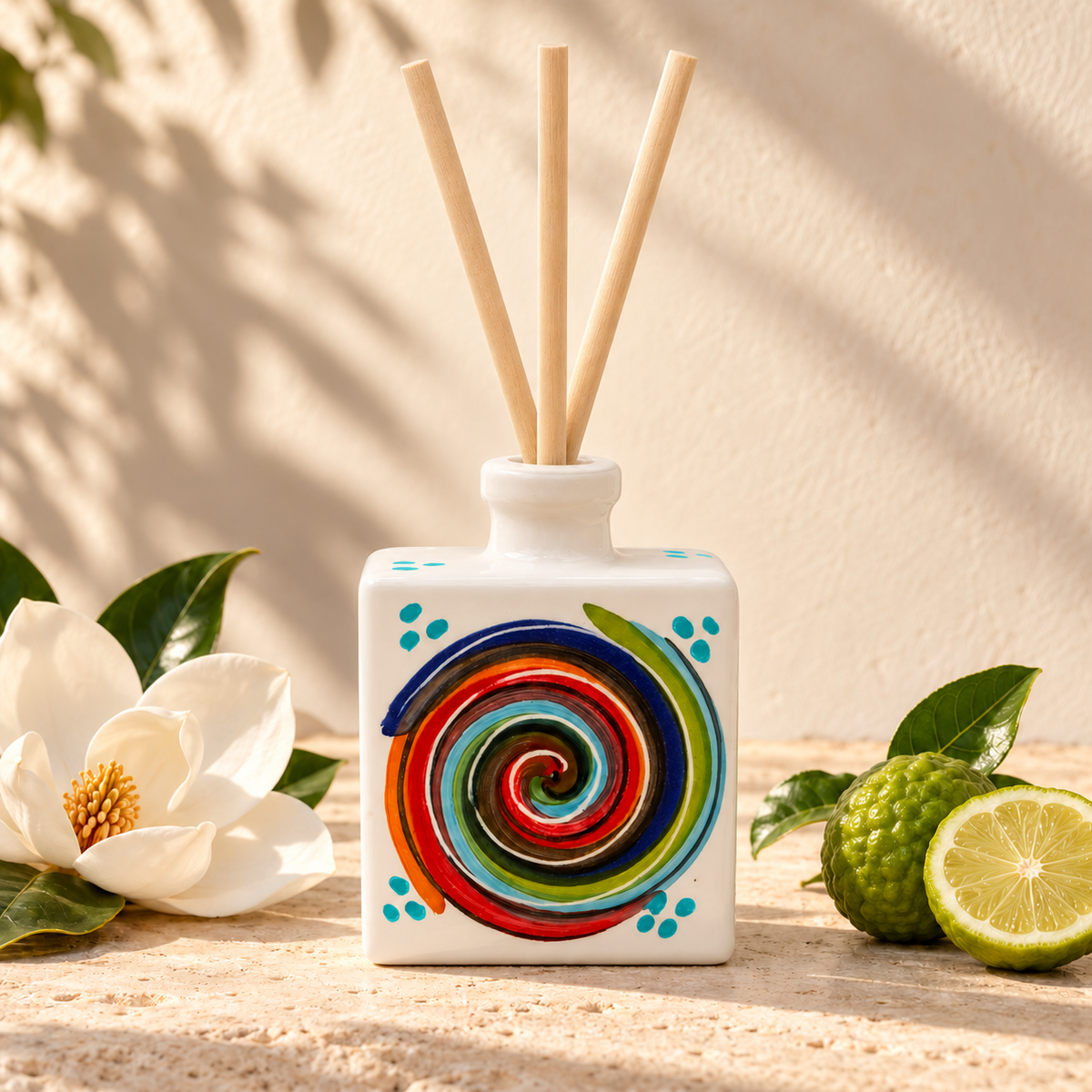 Amalfi ceramic diffuser with aqua-blue dots around a multicoloured spiral on white ceramic