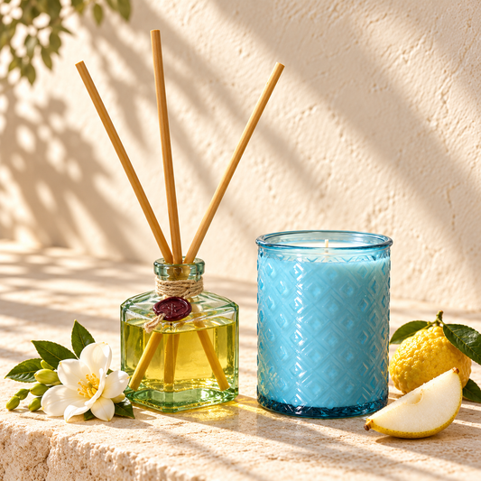 Amalfi Italian Holidays glass reed diffuser with matching pale aqua blue glass candle