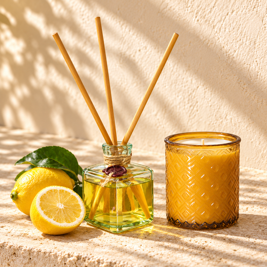 Sorrento Italian Holidays glass reed diffuser with matching honey-yellow glass candle