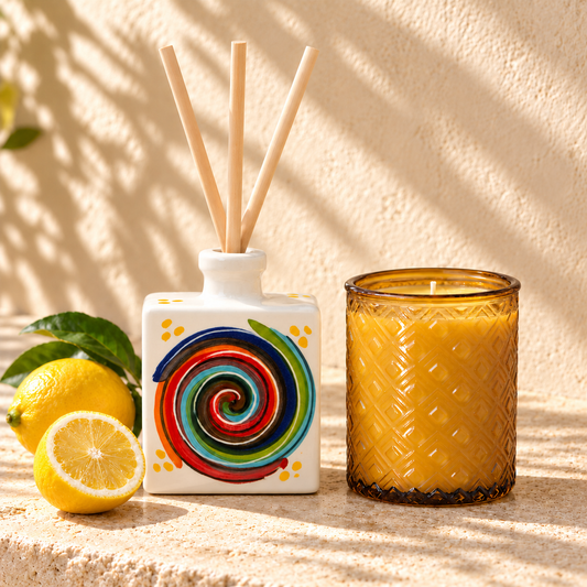 Sorrento diffuser and candle, with yellow diffuser dots matching the candle; products sold separately