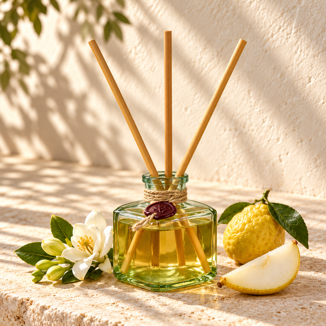 STANZA Artigiana Amalfi glass reed diffuser with wooden reeds on warm limestone
