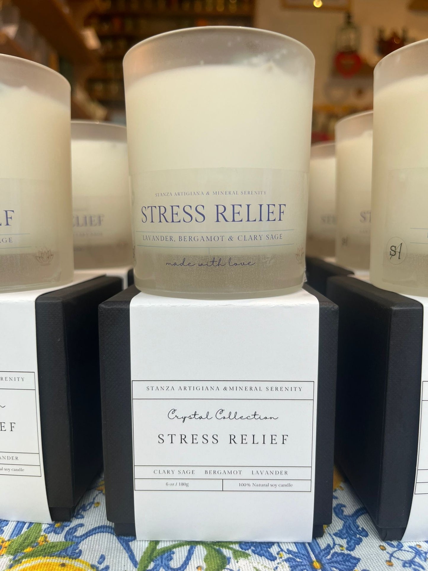 Stress relief crystal candle, bergamot, clary sage and lavender