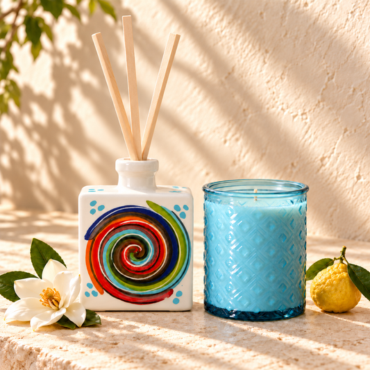 Amalfi diffuser and candle, with aqua-blue diffuser dots matching the candle; products sold separately