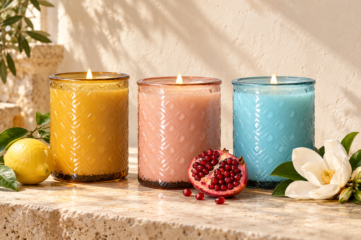 Italian Holidays Sorrento, Ischia and Amalfi candles together on pale stone