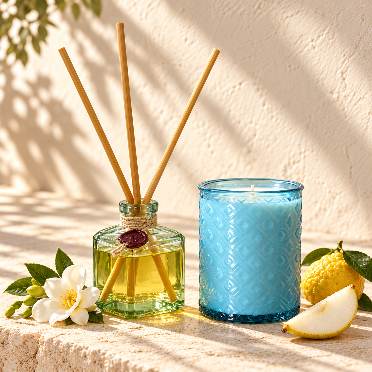 Amalfi glass reed diffuser and matching pale aqua-blue candle displayed together