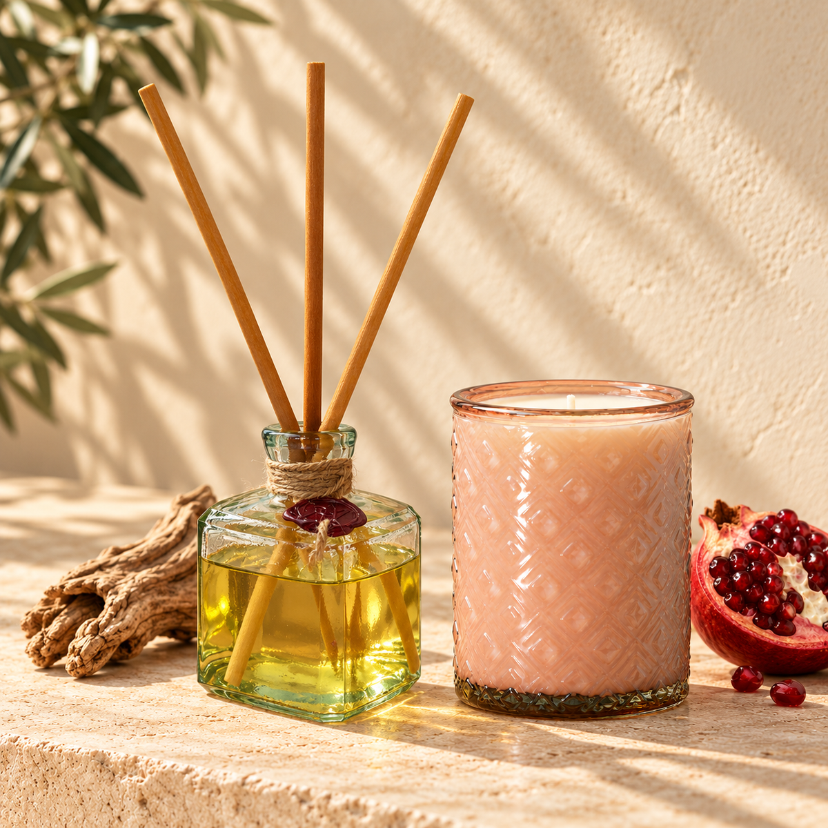 Ischia Italian Holidays glass reed diffuser with matching peach blush pink glass candle
