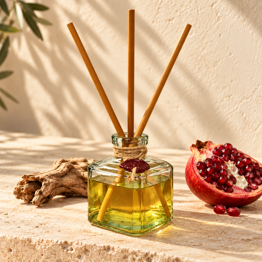 Ischia Italian Holidays glass reed diffuser with wooden reeds on warm limestone