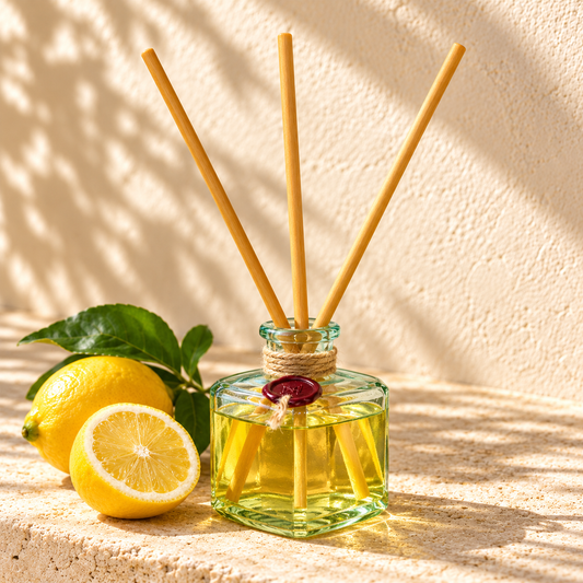 Sorrento Italian Holidays glass reed diffuser with wooden reeds on warm limestone
