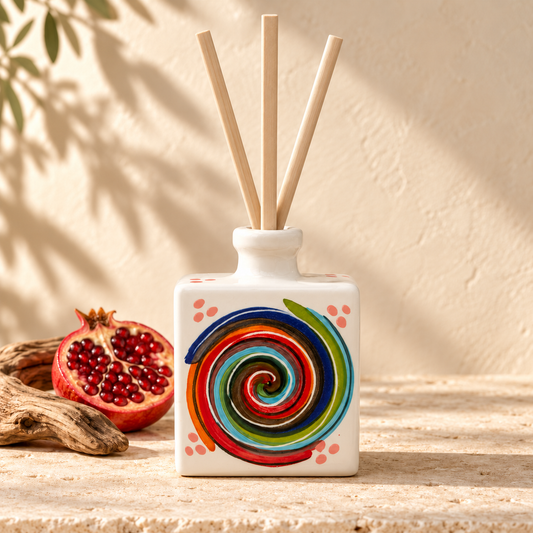 Ischia ceramic diffuser with blush-pink dots around a multicoloured spiral on white ceramic