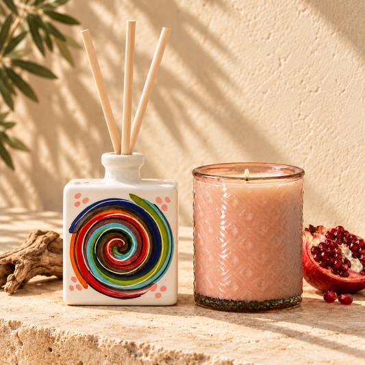 Ischia diffuser and candle, with blush-pink diffuser dots matching the candle; products sold separately