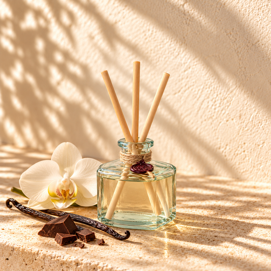 Mystical Affair recycled glass reed diffuser with short wooden reeds, orchid, vanilla and dark chocolate on warm limestone