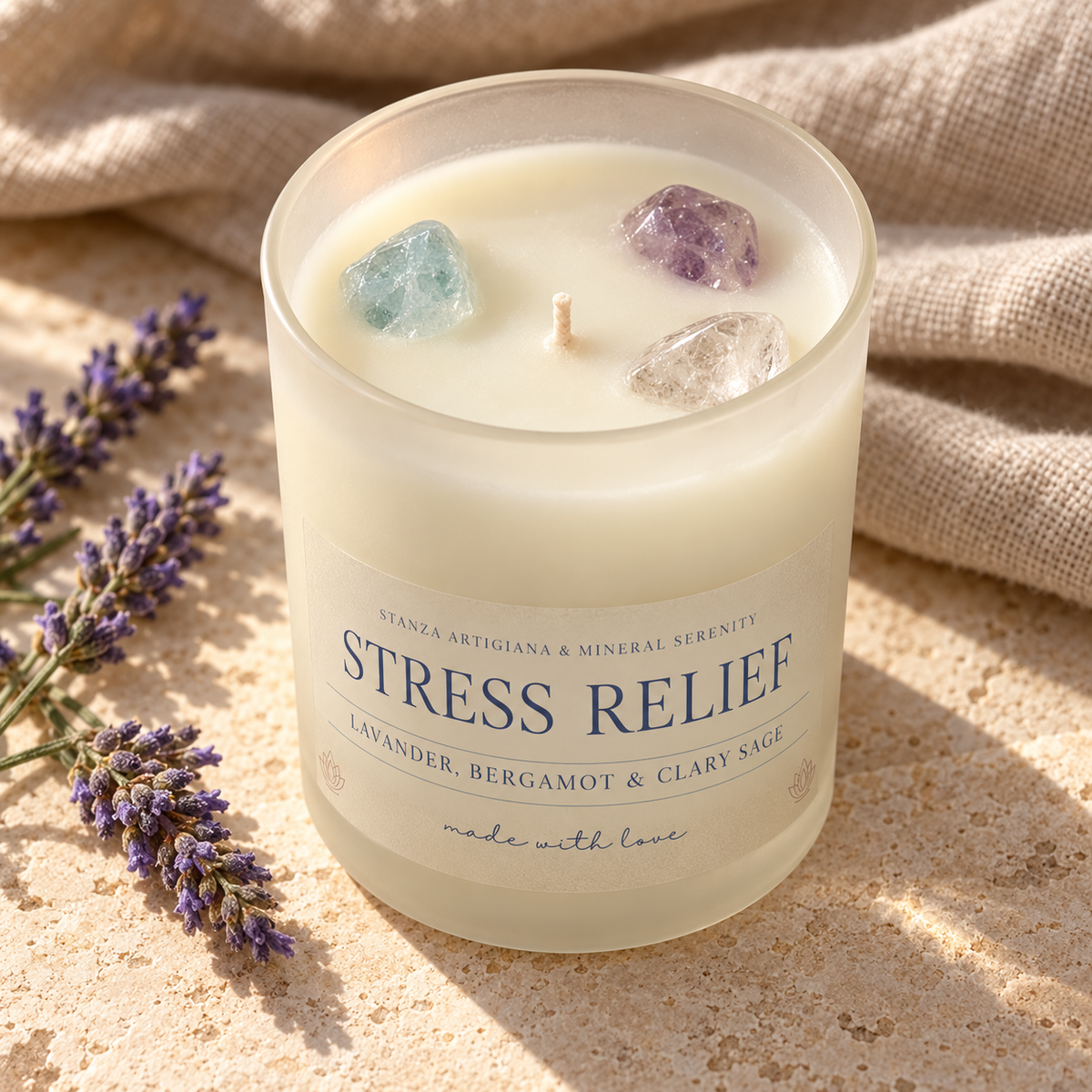 Close-up of aquamarine, amethyst and clear quartz inside the Stress Relief candle