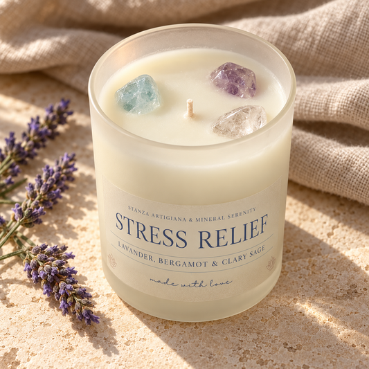 Close-up of aquamarine, amethyst and clear quartz inside the Stress Relief candle