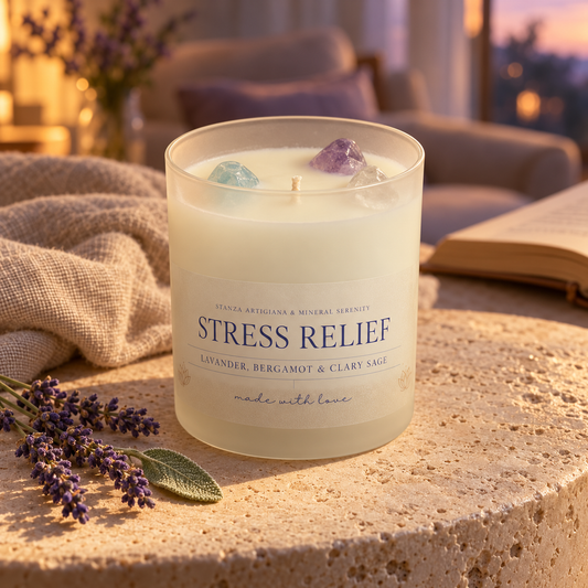 Stress Relief crystal candle in frosted glass with aquamarine, amethyst and clear quartz in a relaxing evening setting
